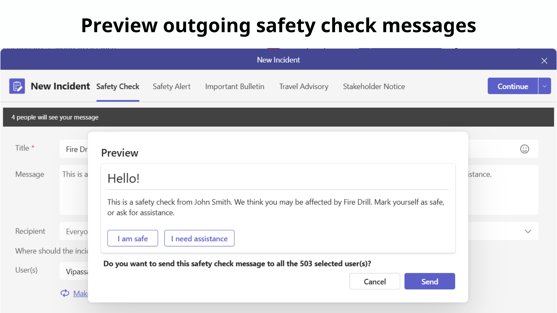 Preview of a safety check message sent via Microsoft Teams, showing options for employees to mark themselves safe or request assistance during emergencies.