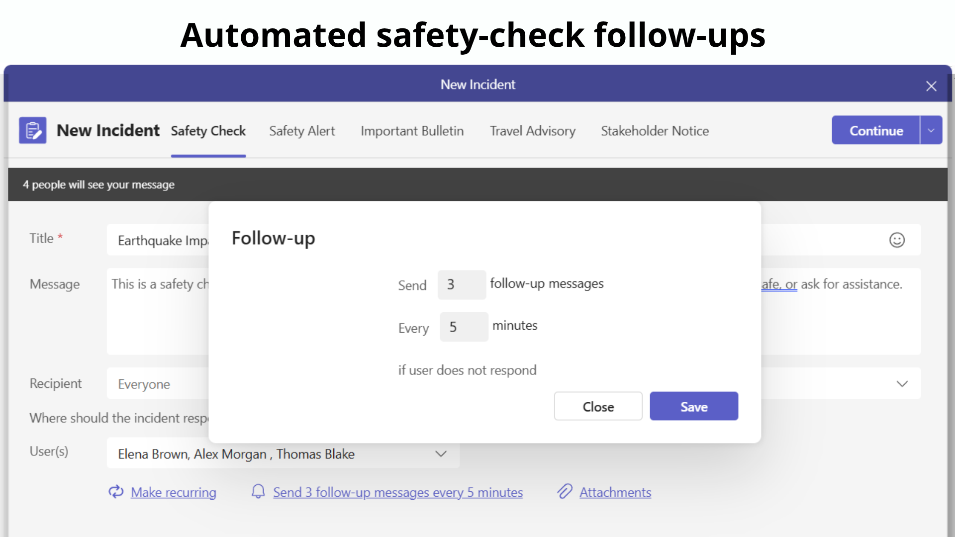 Automated follow-up message sent to unresponsive team members as part of a scheduled safety check inside Microsoft Teams.