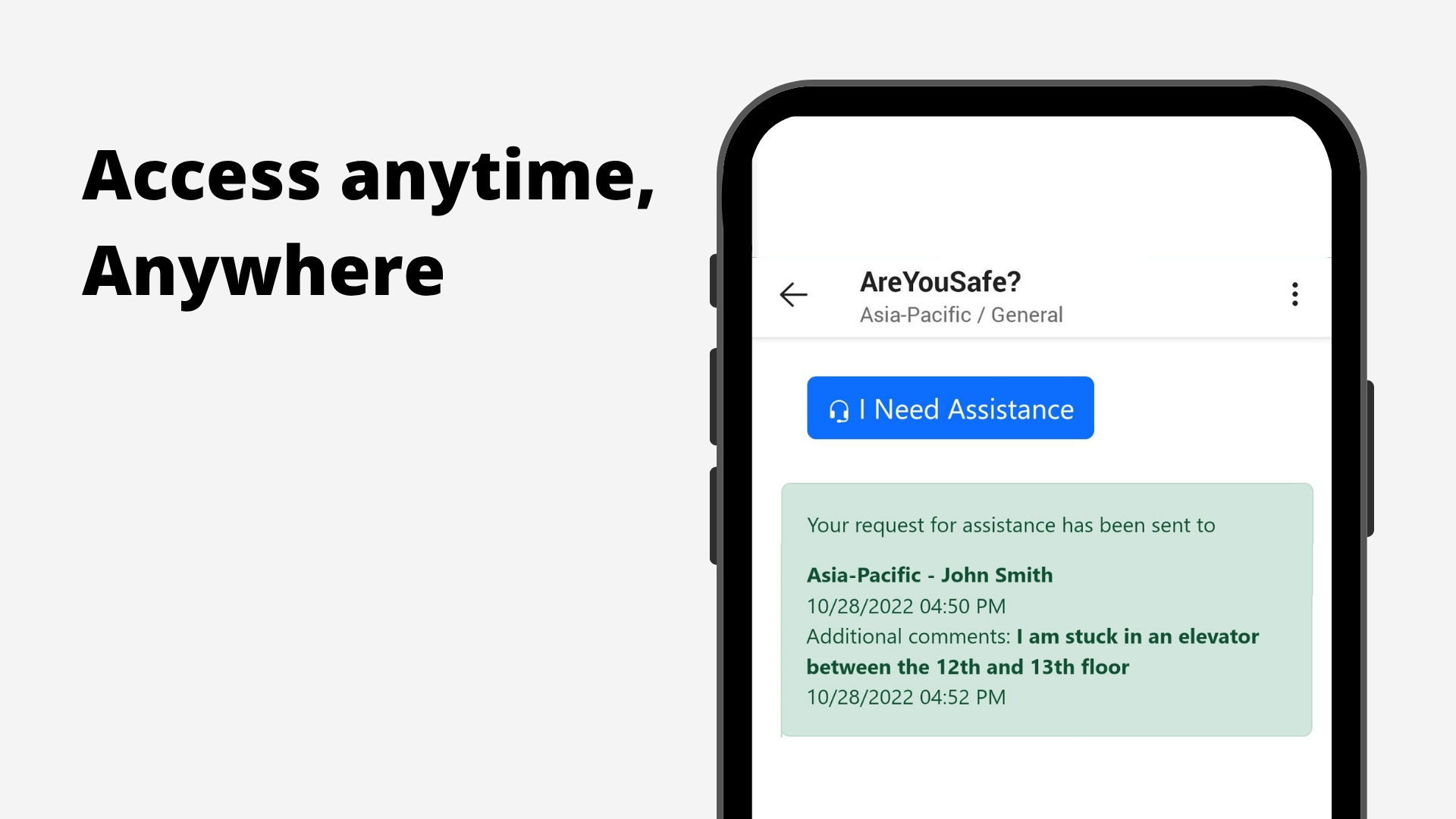 Mobile screen showing a safety check message with an option to request help, demonstrating access to safety features from anywhere.